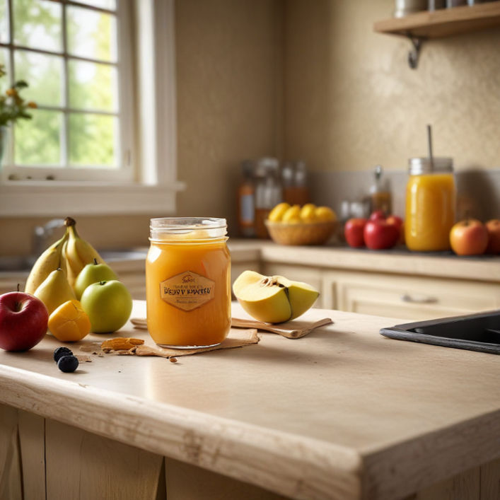 A glass jar of pure raw honey on a kitchen counter surrounded by fruits, oats, and a protein shake.